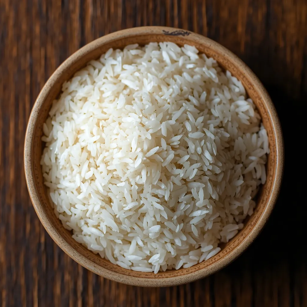 A 100-gram portion of uncooked white rice measured on a kitchen scale beside a bowl of rice.